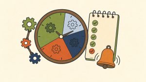 Illustration: Wanduhr mit farbigen Zeitfenstern und Zahnrädern, daneben ein Notizblock mit Häkchen und eine läutende Glocke