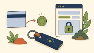 Illustration: Bankkarte, die über einen Pfeil zu einem Token wird, daneben ein Browserfenster mit Schloss und ein Hardware-Sicherheitsschlüssel